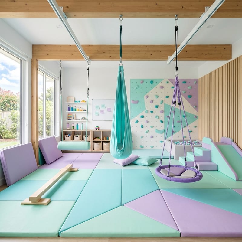 Sala integracji sensorycznej Sensoria w Kielcach ze sprzętem podwieszanym i matami